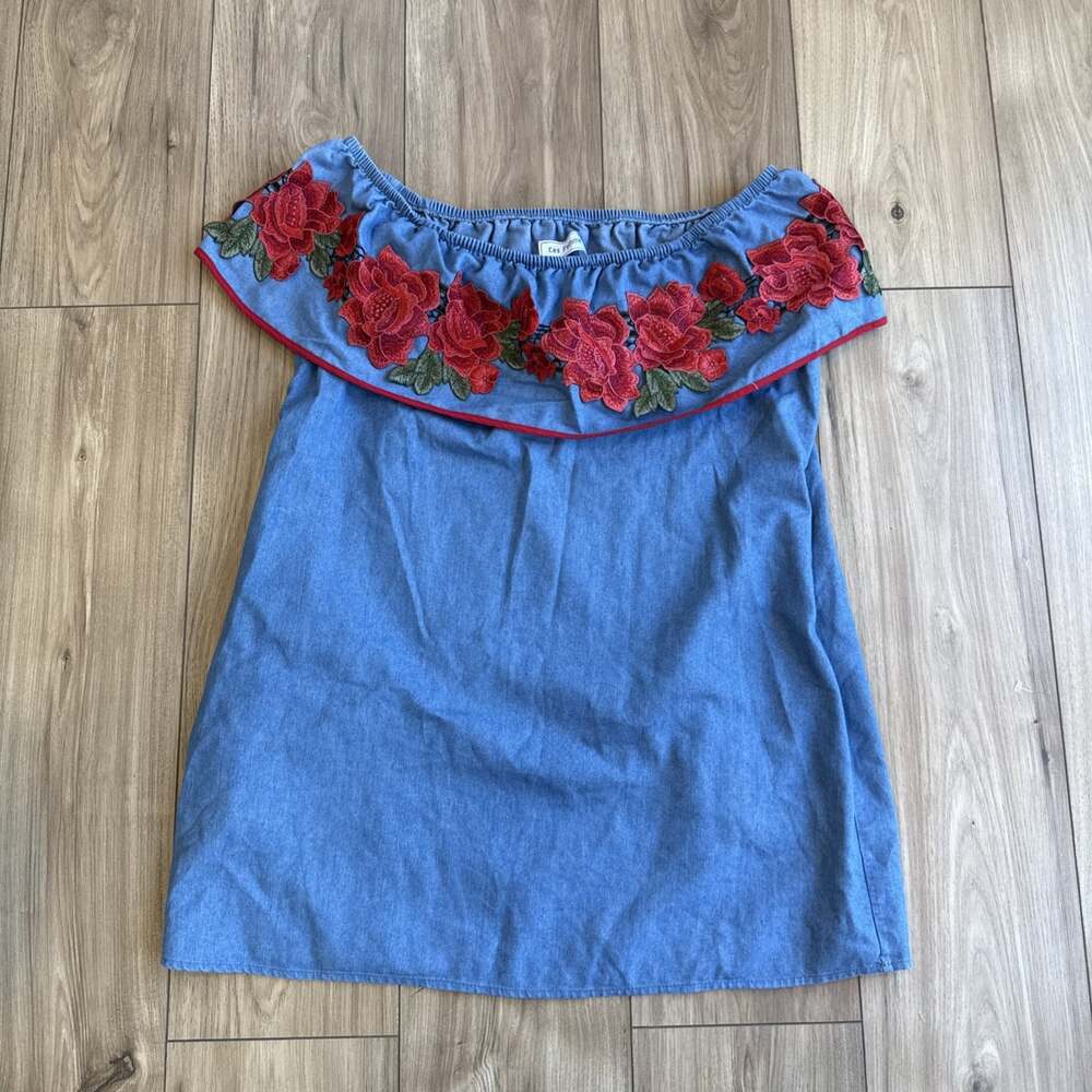 Ces Femme mini dress Womens M Blue Off Shoulder Floral Embroidered Artsy Boho